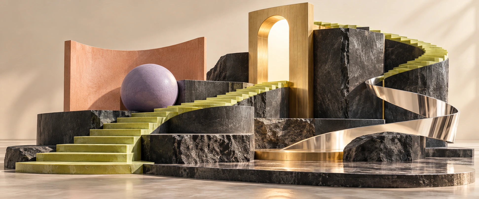 Lime stairways, a gold portal and sculptural forms illustrating the FirstLight journey